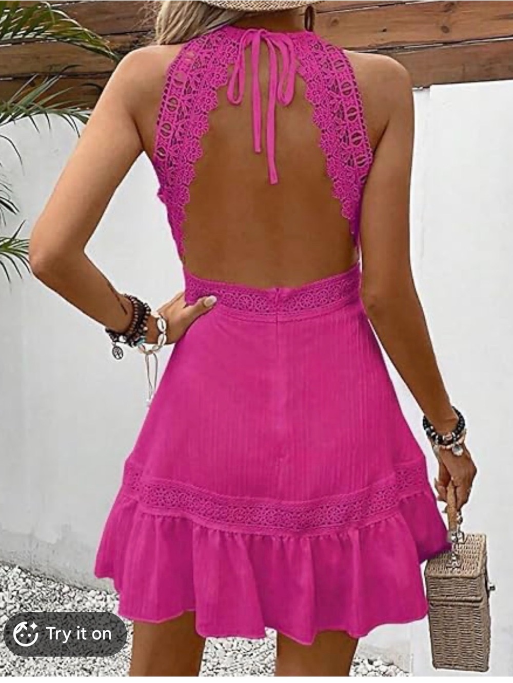 SHEIN Fuchsia Lace Halter Backless Mini Dress